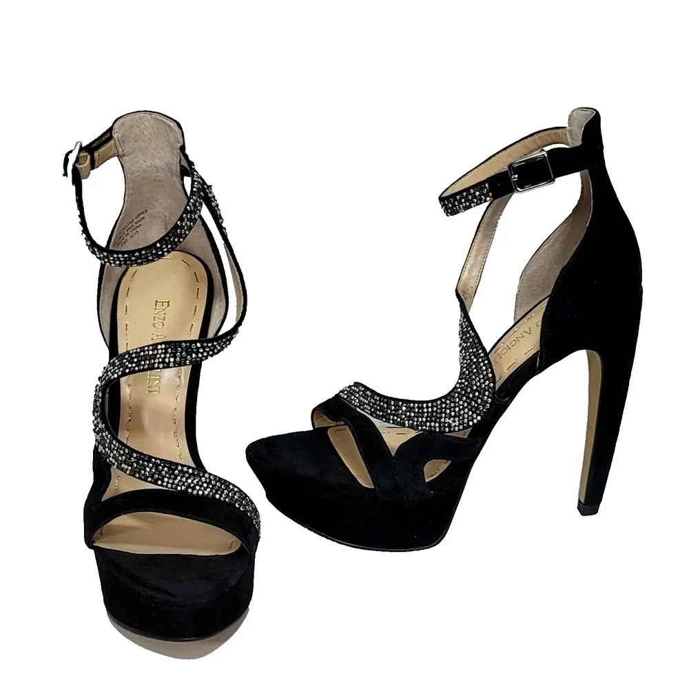 Enzo Angiolini Eataelon Black‎ Suede Rhinestone Heels Leather Upper 6M Glam Luxe